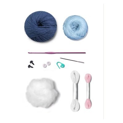 Materiales del kit amigurumi Bat de Círculo: ovillos, madejas, ganchillo, ojos de seguridad, relleno, aguja y marcapuntos