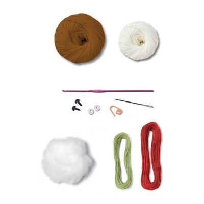 Materiales del kit amigurumi Crumbie Olie de Círculo: ovillos, madejas, ganchillo, ojos de seguridad, relleno, aguja y marcapuntos