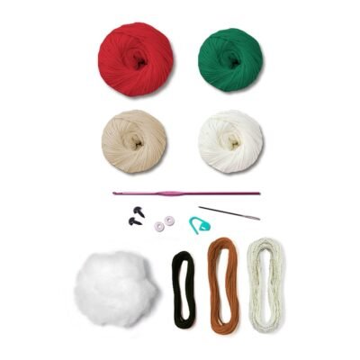 Materiales del kit amigurumi Mama Claus de Círculo: ovillos, madejas, ganchillo, ojos de seguridad, relleno, aguja y marcapuntos