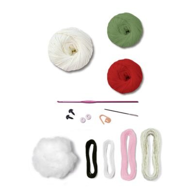 Materiales del kit amigurumi Polar Sam de Círculo: ovillos, madejas, ganchillo, ojos de seguridad, relleno, aguja y marcapuntos
