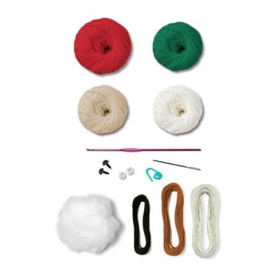 Materiales del kit amigurumi Santa Claus de Círculo: ovillos, madejas, ganchillo, ojos de seguridad, relleno, aguja y marcapuntos